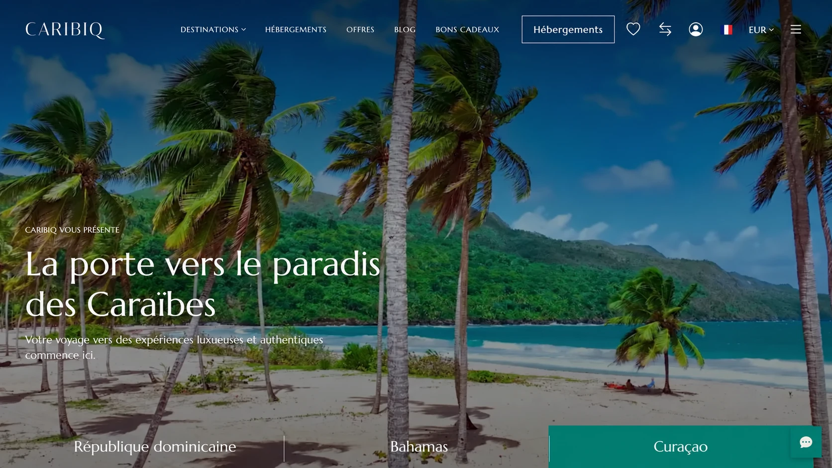 Page d'accueil Caribiq avec la présentation des destinations caribéennes et d'hébergements