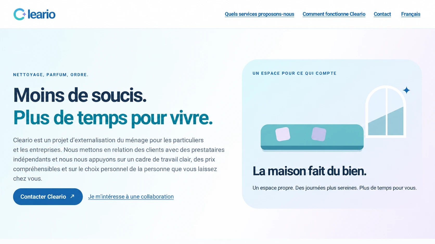 Page d'accueil Cleario avec la présentation des services de nettoyage