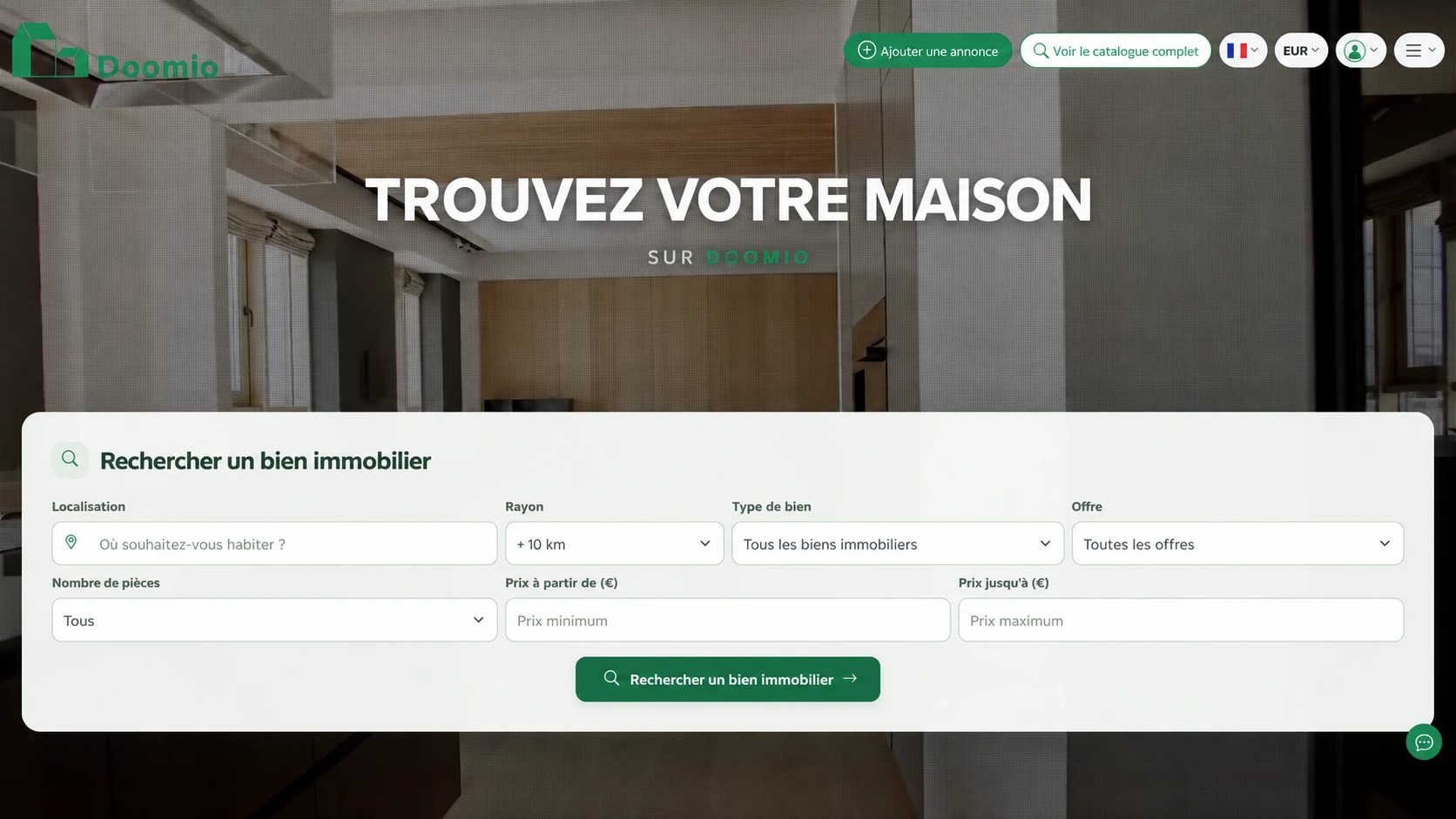Page d'accueil du portail immobilier Doomio avec recherche de biens immobiliers