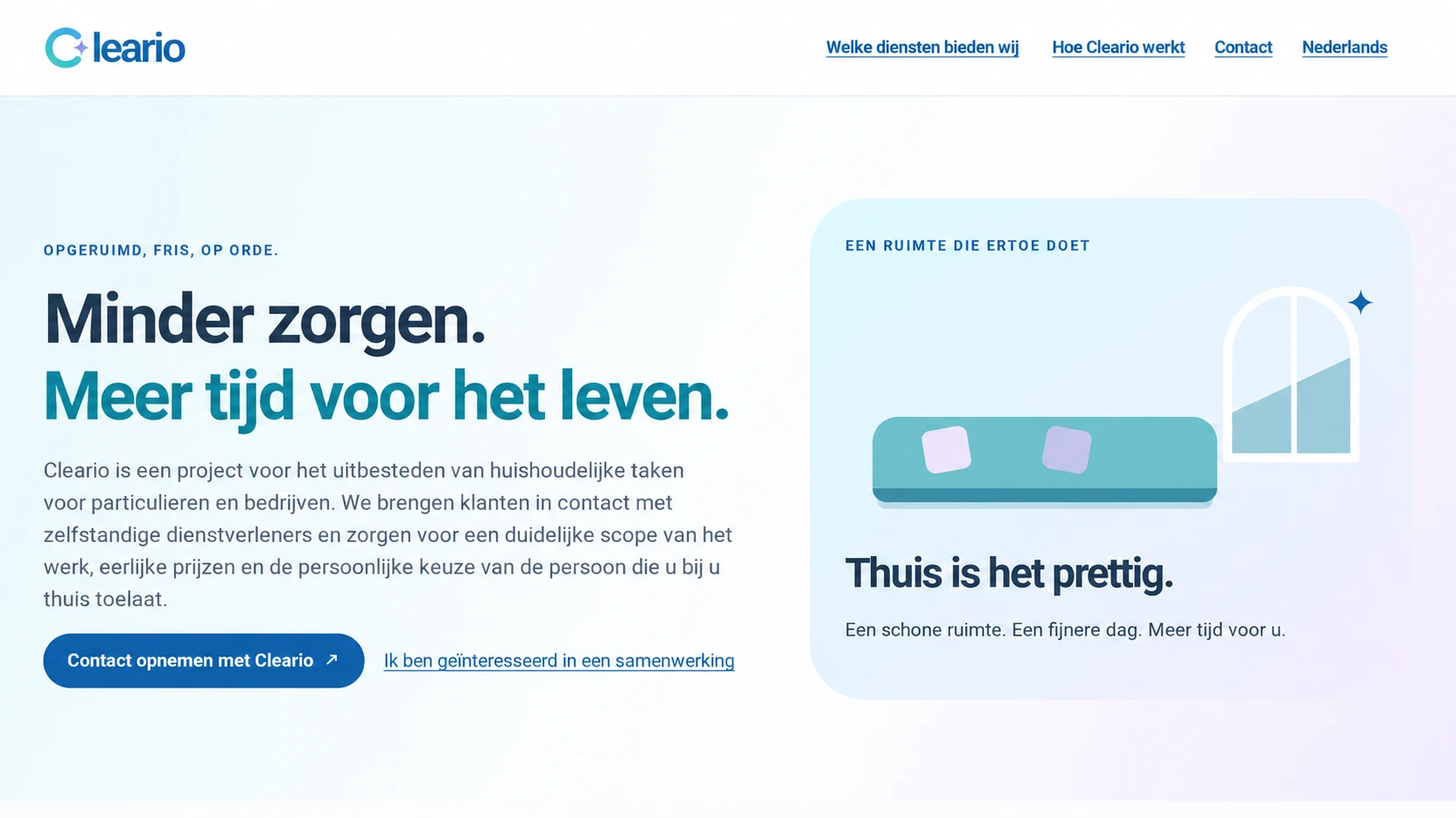 Startpagina Cleario met presentatie van schoonmaakdiensten