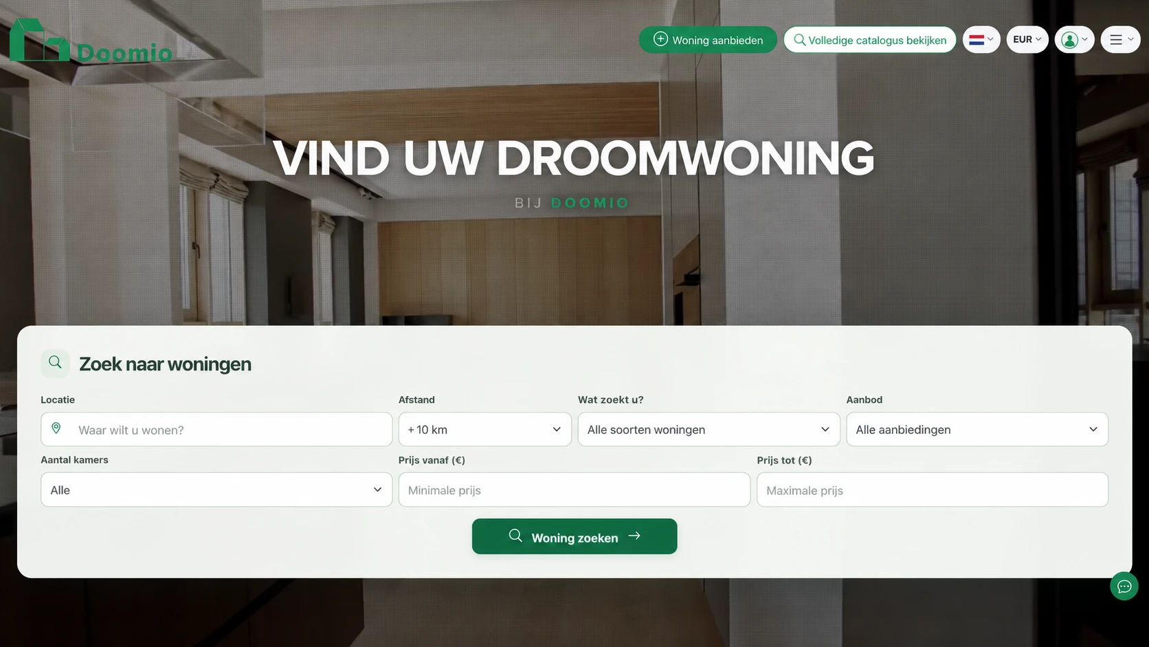 Startpagina van het vastgoedportaal Doomio met zoeken naar vastgoed