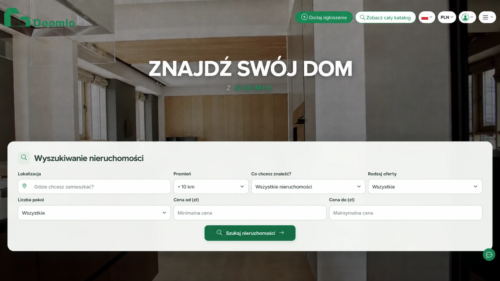 Strona główna portalu nieruchomości Doomio z wyszukiwaniem nieruchomości